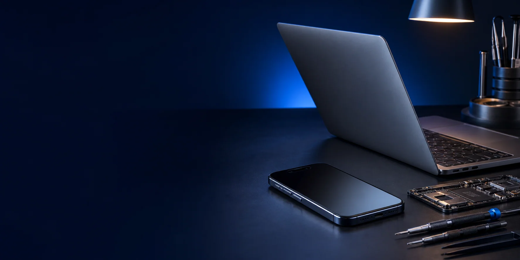 Laptop, smartphone and precision repair tools on a workbench
